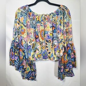 VICI giant bell sleeve bohemian festival blouse top mixed print shirt S/M